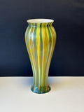 Contemporary High Japanese Reed Glass Vase from Oljos Glass. With maker's mark and signed. The exterior is finished in embossed glass in a combination of shades of green. New in a giftbox