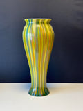 Contemporary High Japanese Reed Glass Vase from Oljos Glass. With maker's mark and signed. The exterior is finished in embossed glass in a combination of shades of green. New in a giftbox