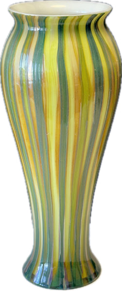 Contemporary High Japanese Reed Glass Vase from Oljos Glass. With maker's mark and signed. The exterior is finished in embossed glass in a combination of shades of green. New in a giftbox